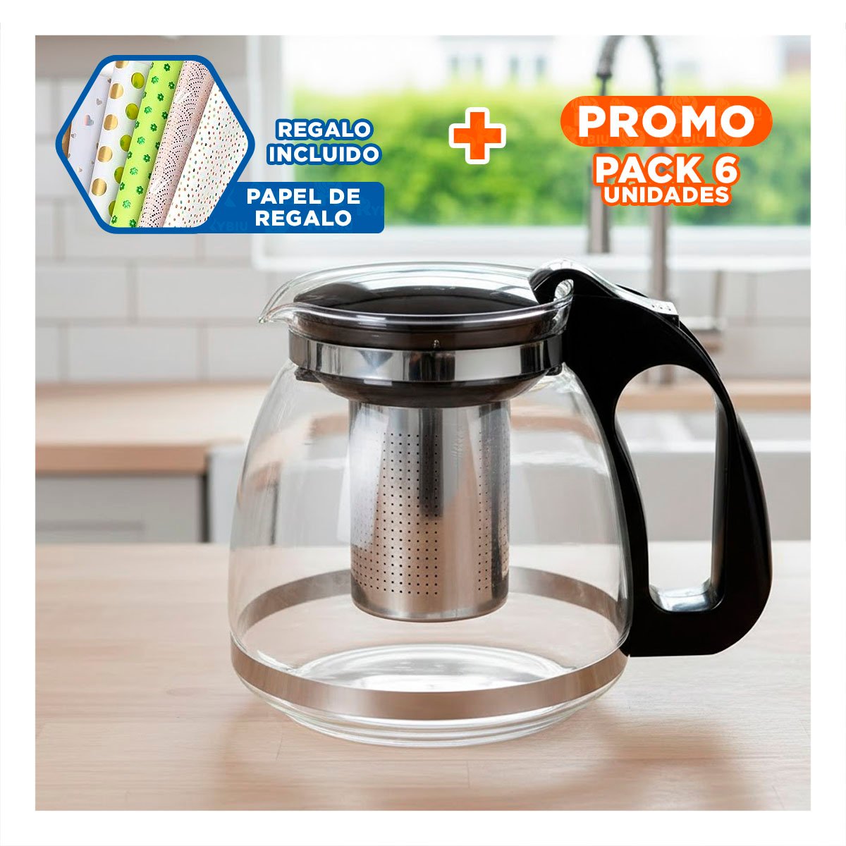 PACK6 VASO DE VIDRIO CON FILTRO 2 LT PARA SERVIR TE Y CREAR AMBIENTES ESPECIALES Y+PAPEL REGALO - 1