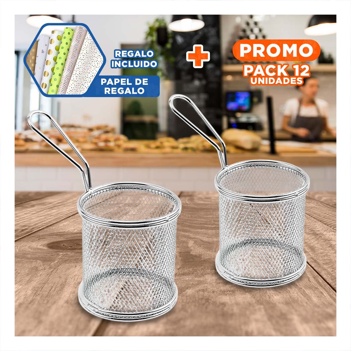 PACK12 CONTENEDOR METALICO CIRCULAR PARA ESCURRIR FRITURAS Y+PAPEL REGALO - 1