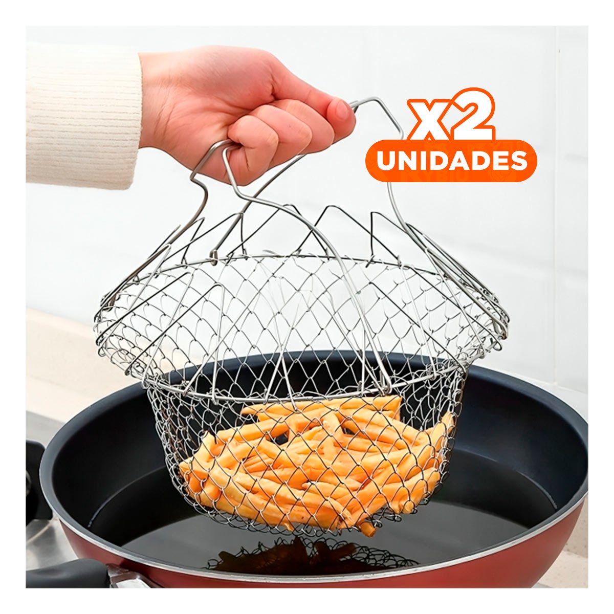PACK2 PORTA FREIR ACERO 23CM PLATEADO PARA COLAR ALIMENTOS RESISTENTE Y+REGALO STICKER - 1