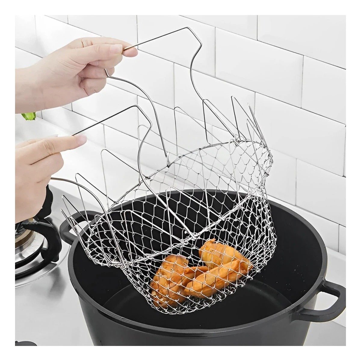 PACK2 PORTA FREIR ACERO 23CM PLATEADO PARA COLAR ALIMENTOS RESISTENTE Y+REGALO STICKER - 5