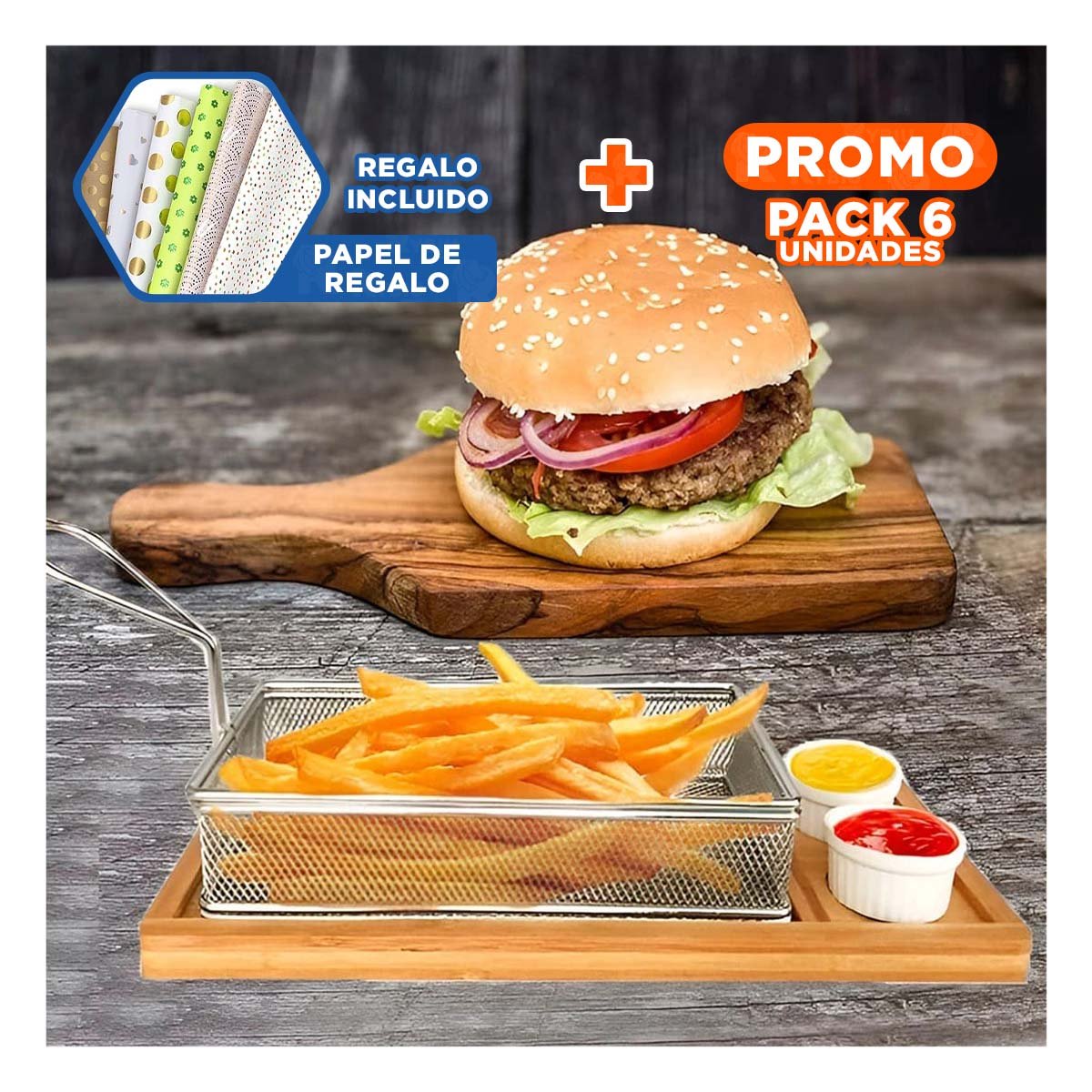 PACK6 CONTENEDOR COMPACTO PARA PAPAS FRITAS PLATEADO 25,5X13X7 CM HOGAR Y+PAPEL REGALO - 1