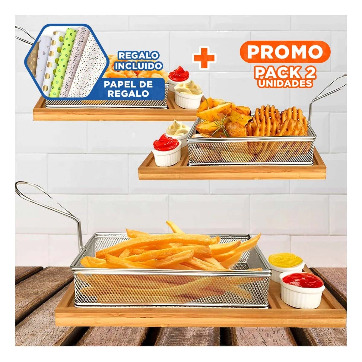 PACK2 RECIPIENTE METALICO PARA FRITURAS PLATEADO 25,5X13X7 CM COCINA Y+PAPEL REGALO - 1