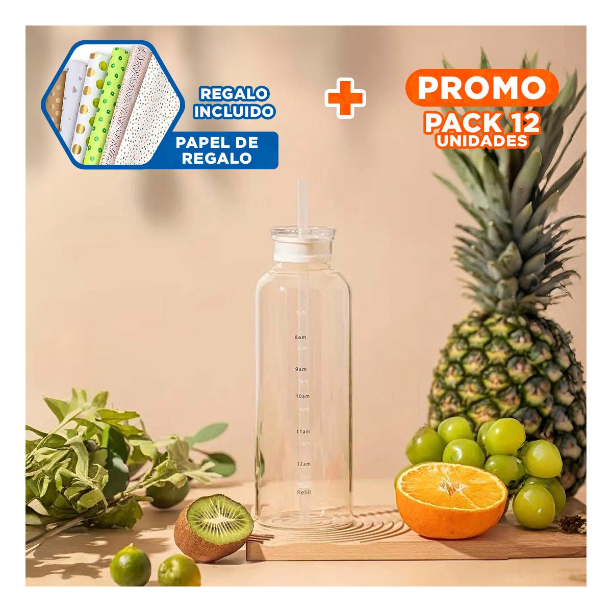 PACK12 BIDON DE VIDRIO 750ML TRANSPARENTE CON SORBETE Y TAPA SEGURA Y+PAPEL REGALO - 1
