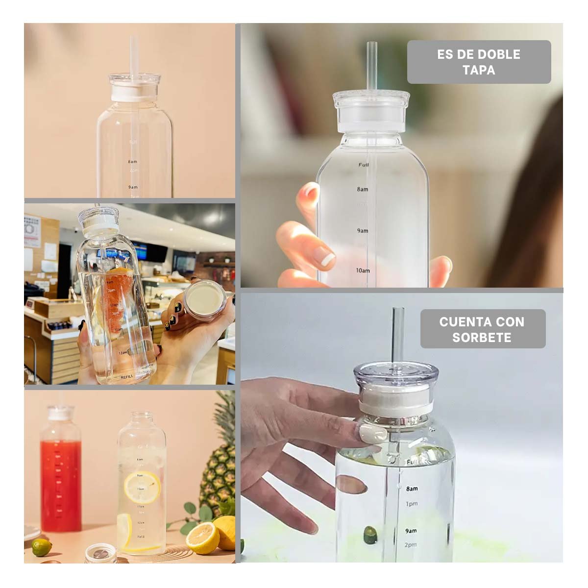 PACK12 BIDON DE VIDRIO 750ML TRANSPARENTE CON SORBETE Y TAPA SEGURA Y+PAPEL REGALO - 2