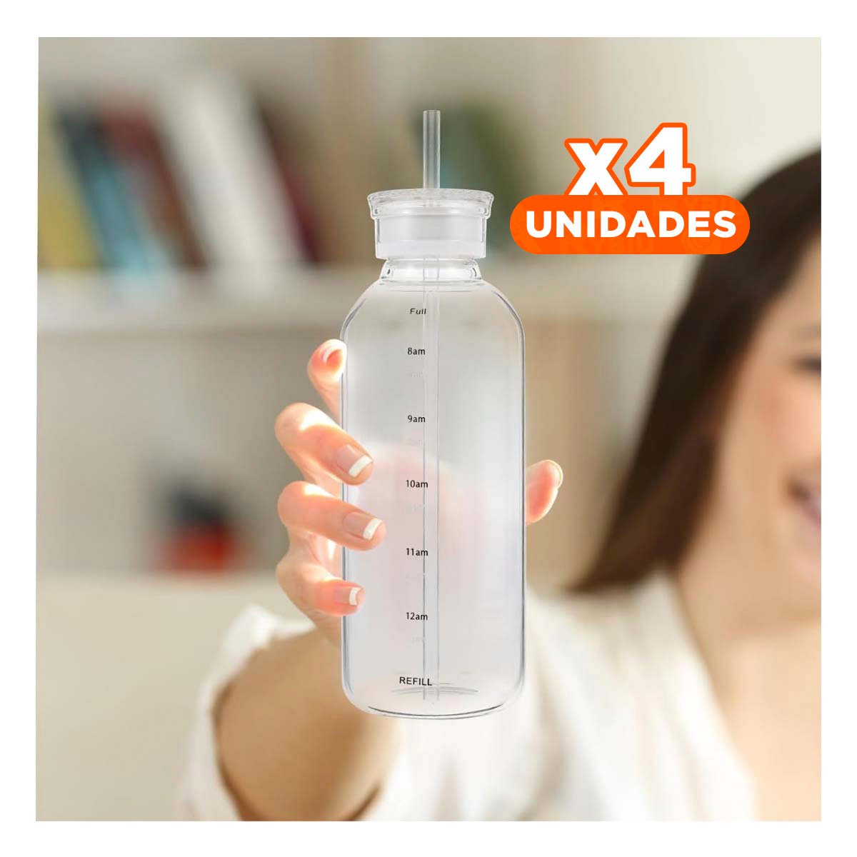 PACK4 BOTELLON DE VIDRIO 750ML TRANSPARENTE CON DOBLE TAPA Y SORBETE - 1