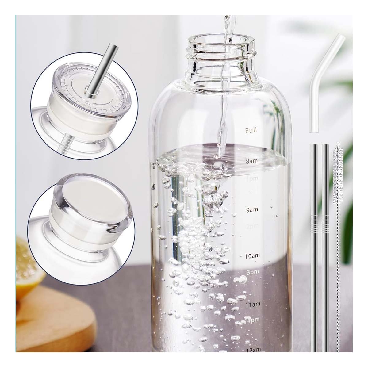 PACK4 BOTELLON DE VIDRIO 750ML TRANSPARENTE CON DOBLE TAPA Y SORBETE - 5