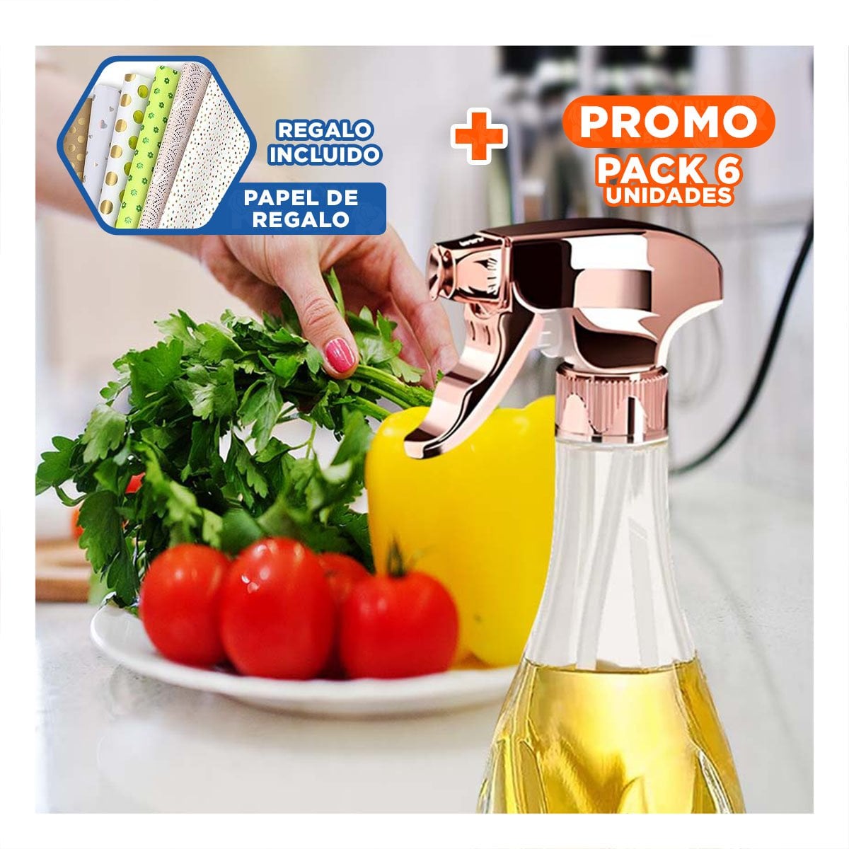 PACK6 APLICADOR DE ACEITE SPRAY 240ML ORO ROSA FACIL DE LIMPIAR MEJORAR SABOR Y+PAPEL REGALO - 1
