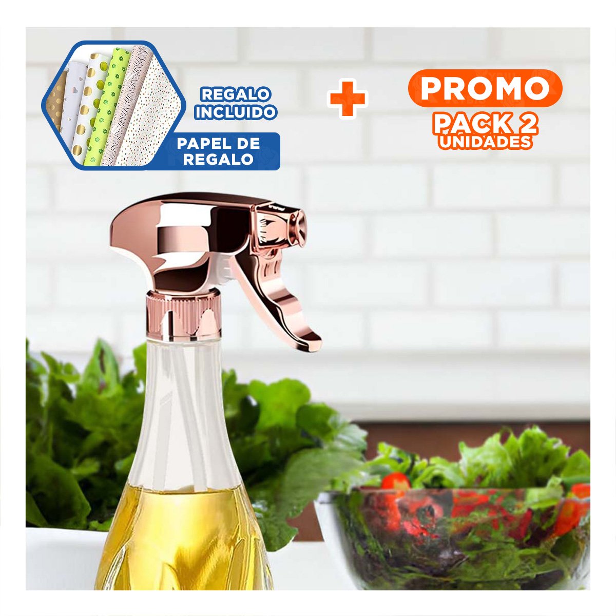 PACK2 CONTENEDOR DE ACEITE SPRAY 240ML ORO ROSA MODERNA Y RESISTENTE Y+PAPEL REGALO - 1