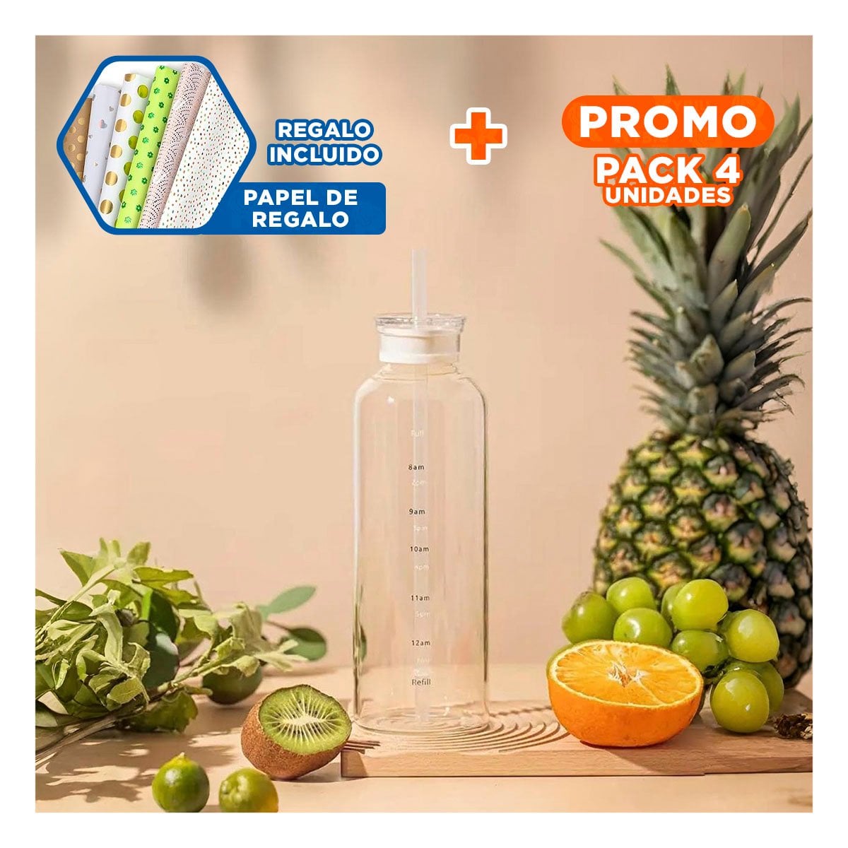 PACK4 BOTELLON DE VIDRIO 750ML TRANSPARENTE PARA AGUA Y JUGOS NATURALES Y+PAPEL REGALO - 1