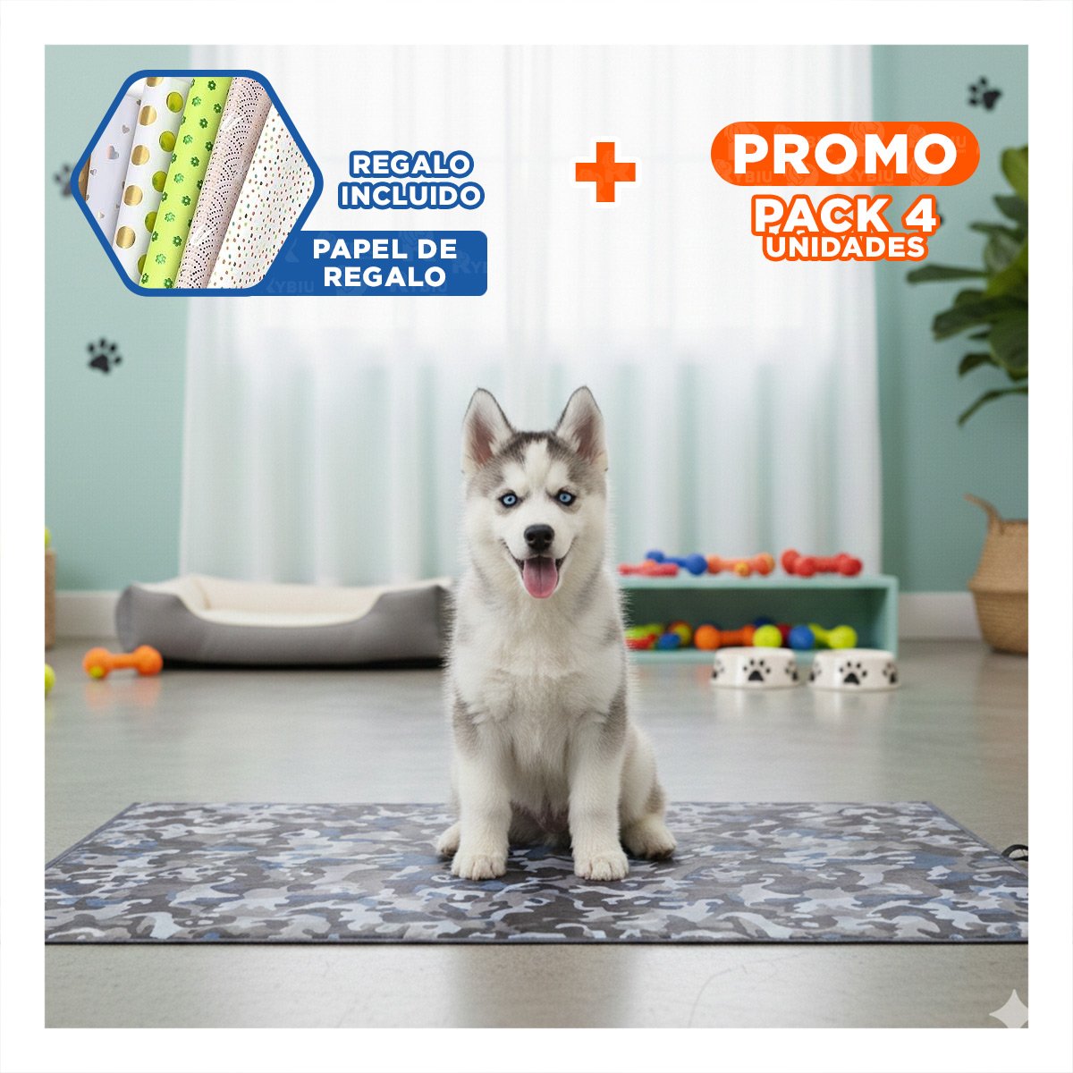 PACK4 CAMA RESISTENTE QUE MANTIENE A TU MASCOTA COMODA L 50X90CM MILITAR Y+PAPEL REGALO - 1