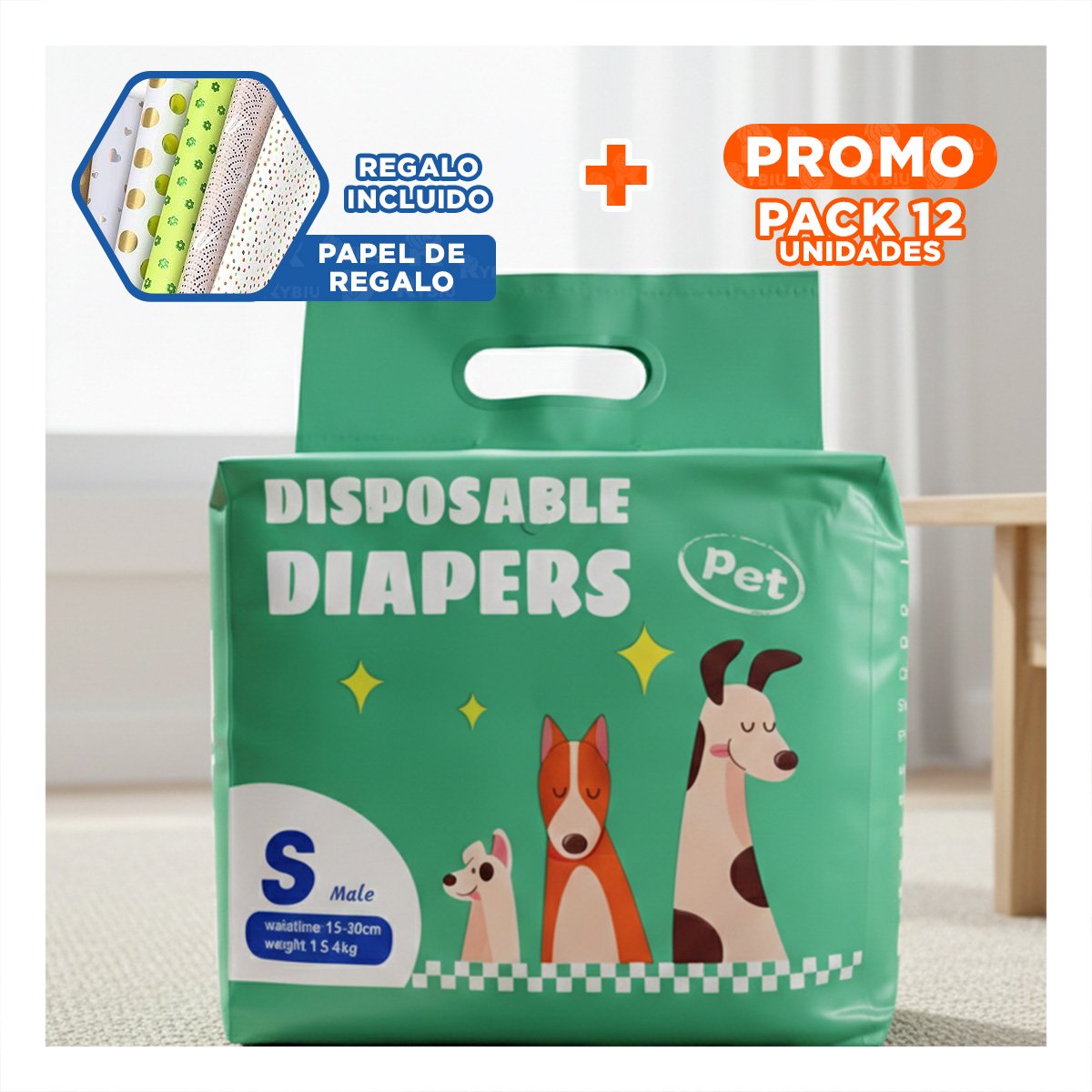 PACK12 CAPA ABSORBENTE CON AJUSTE SEGURO MASCOTA MACHO S VERDE Y+PAPEL REGALO - 1