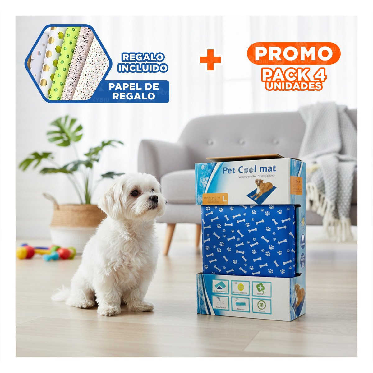PACK4 SUPERFICIE CONFORT PARA MASCOTAS ESTAMPADO HUESITOS 50X90CM L AZUL Y+PAPEL REGALO - 1