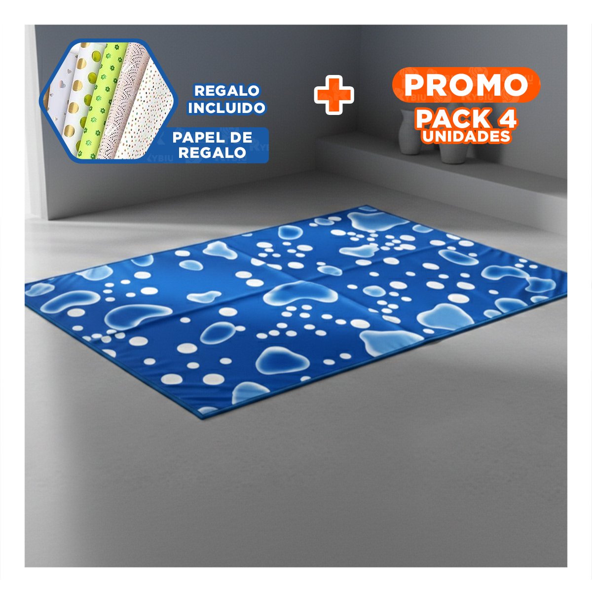 PACK4 ALFOMBRA CONFORTABLE PARA ZONA DE MASCOTAS 50X90CM L AZUL ESTILO BURBUJAS Y+PAPEL REGALO - 1