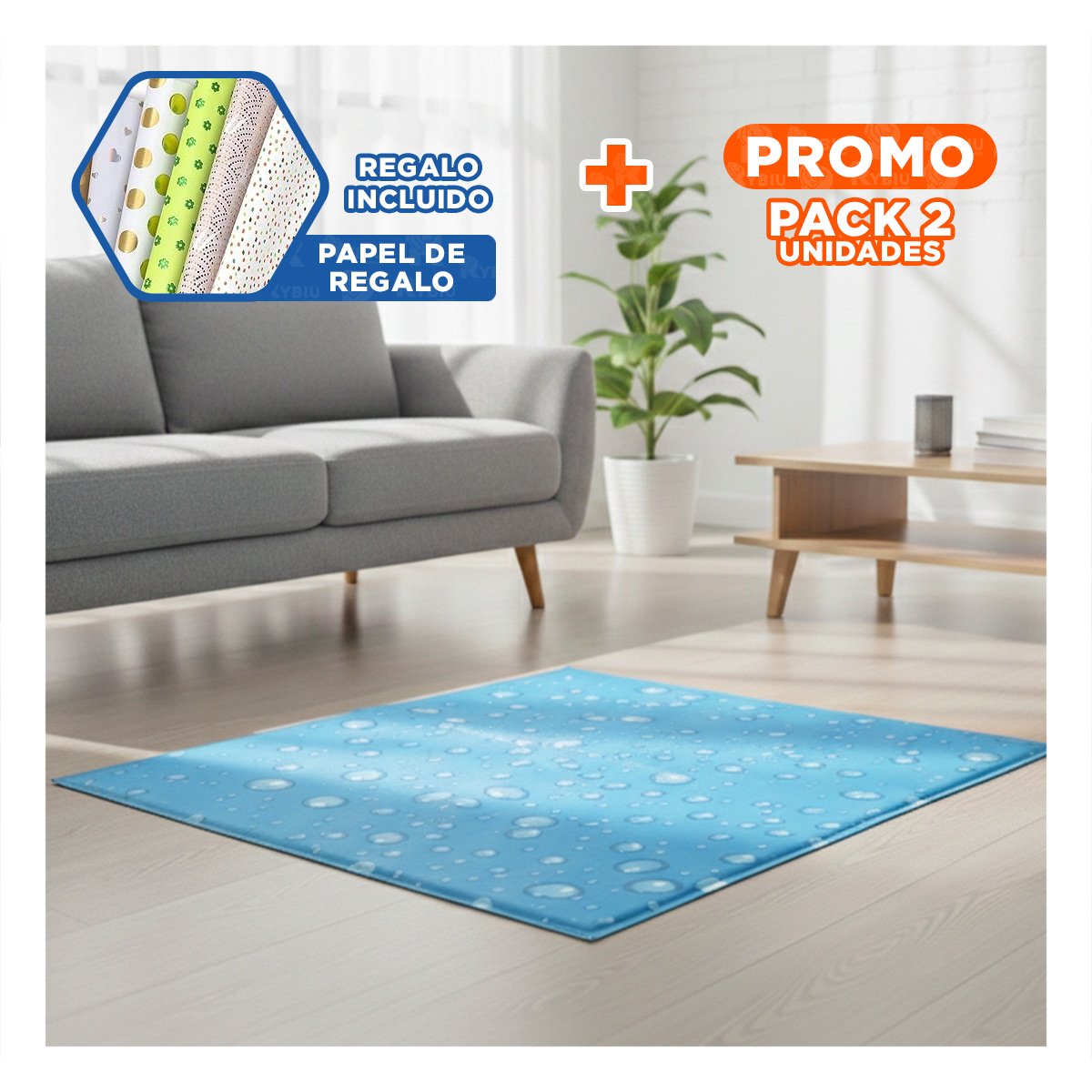 PACK2 BASE PARA PERRO EN CLIMAS CALIDOS PATRON BURBUJA 50X90CM L CELESTE Y+PAPEL REGALO - 1