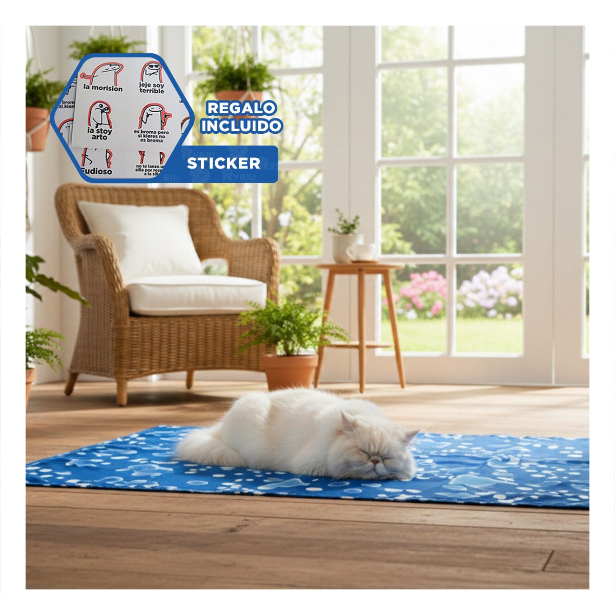 TAPIZ PARA GATO EN TEMPORADA DE VERANO 50X90CM L AZUL ESTILO BURBUJAS Y+REGALO STICKER - 1