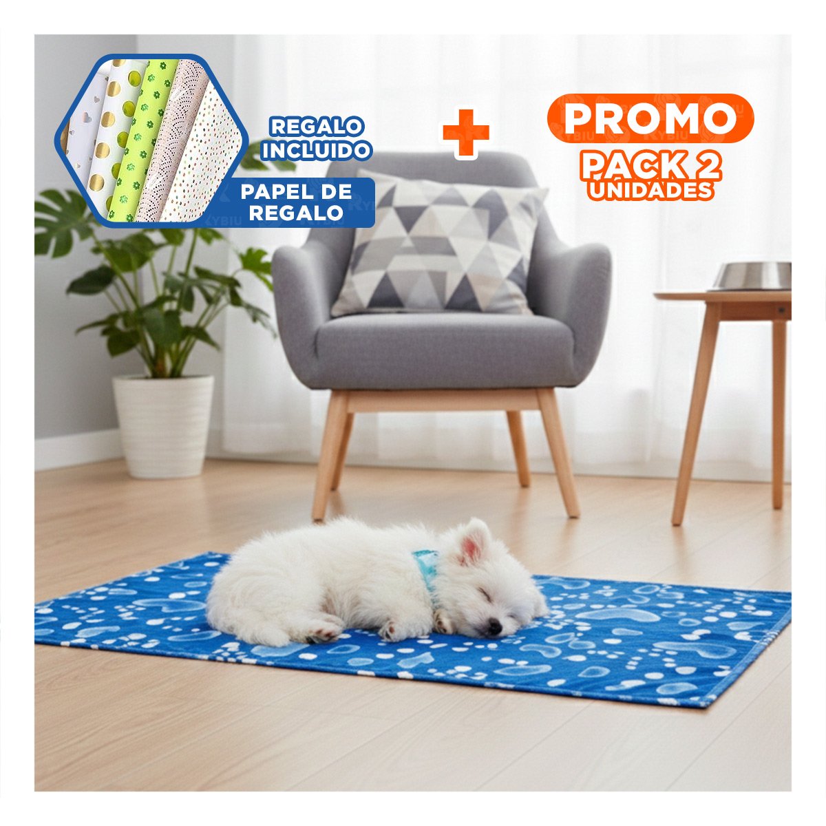 PACK2 ALFOMBRA PARA PERRO EN DIAS CALUROSOS 50X90CM L AZUL ESTILO BURBUJAS Y+PAPEL REGALO - 1