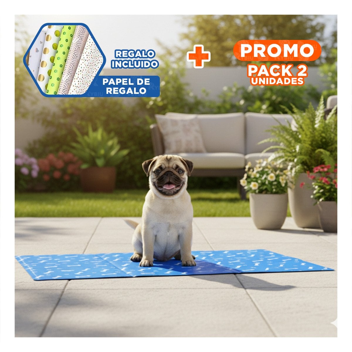 PACK2 SUPERFICIE AMPLIA PARA PERRO EN CASA PATRON HUESITOS 50X90CM L AZUL Y+PAPEL REGALO - 1