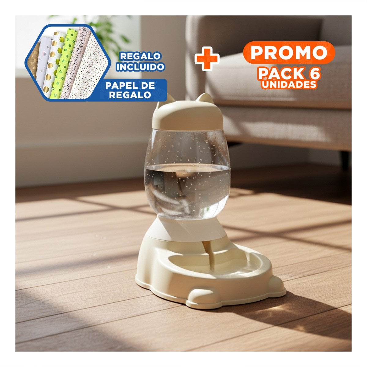 PACK6 FUENTE BEIGE CON BIDON AUTOMATICO EN GATO PARA MASCOTAS COMODAS Y+PAPEL REGALO - 1