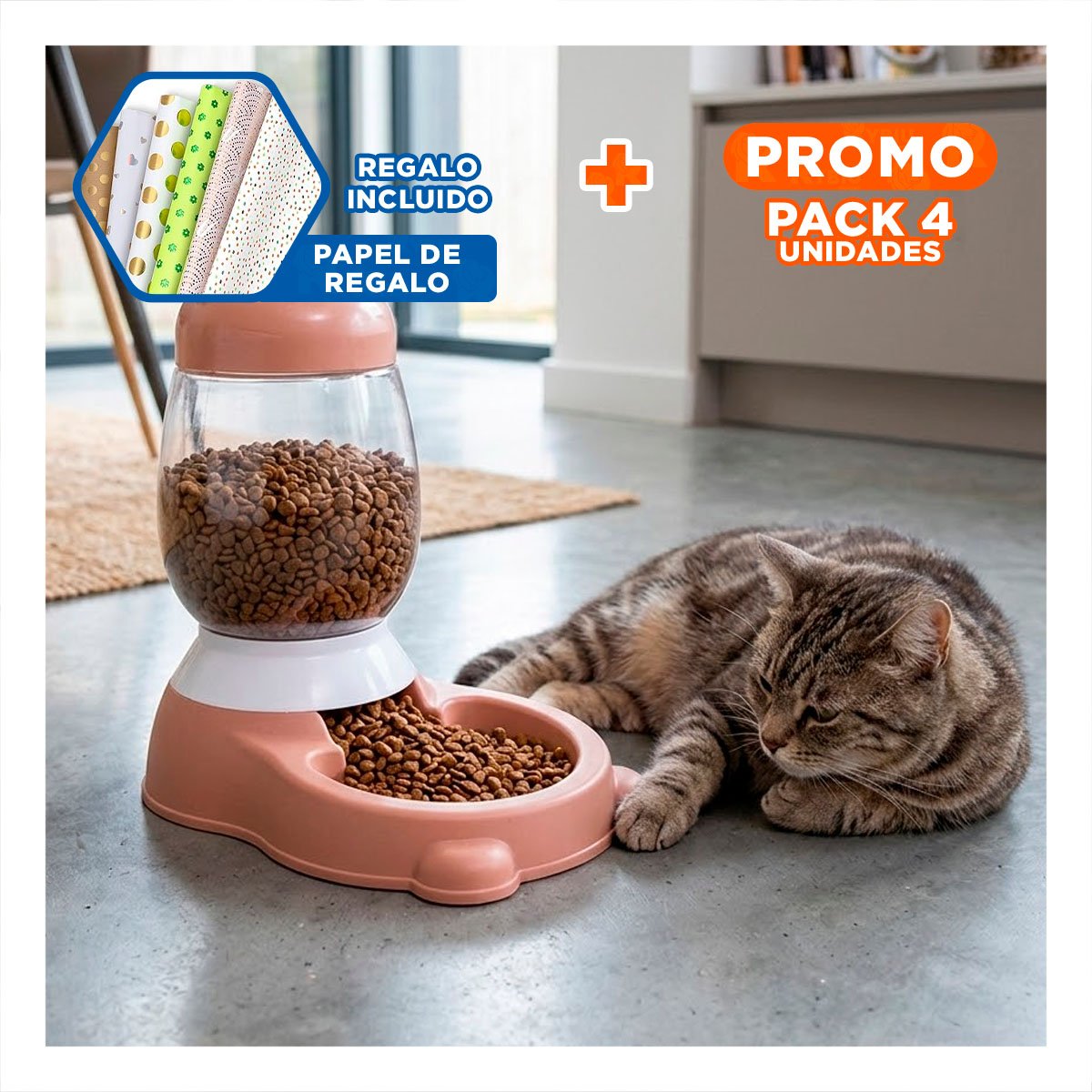 PACK4 COMEDERO CONFORTABLE ROSADO AUTOMATICO CON BIDON DE GATO EPARA INTERIOR Y+PAPEL REGALO - 1