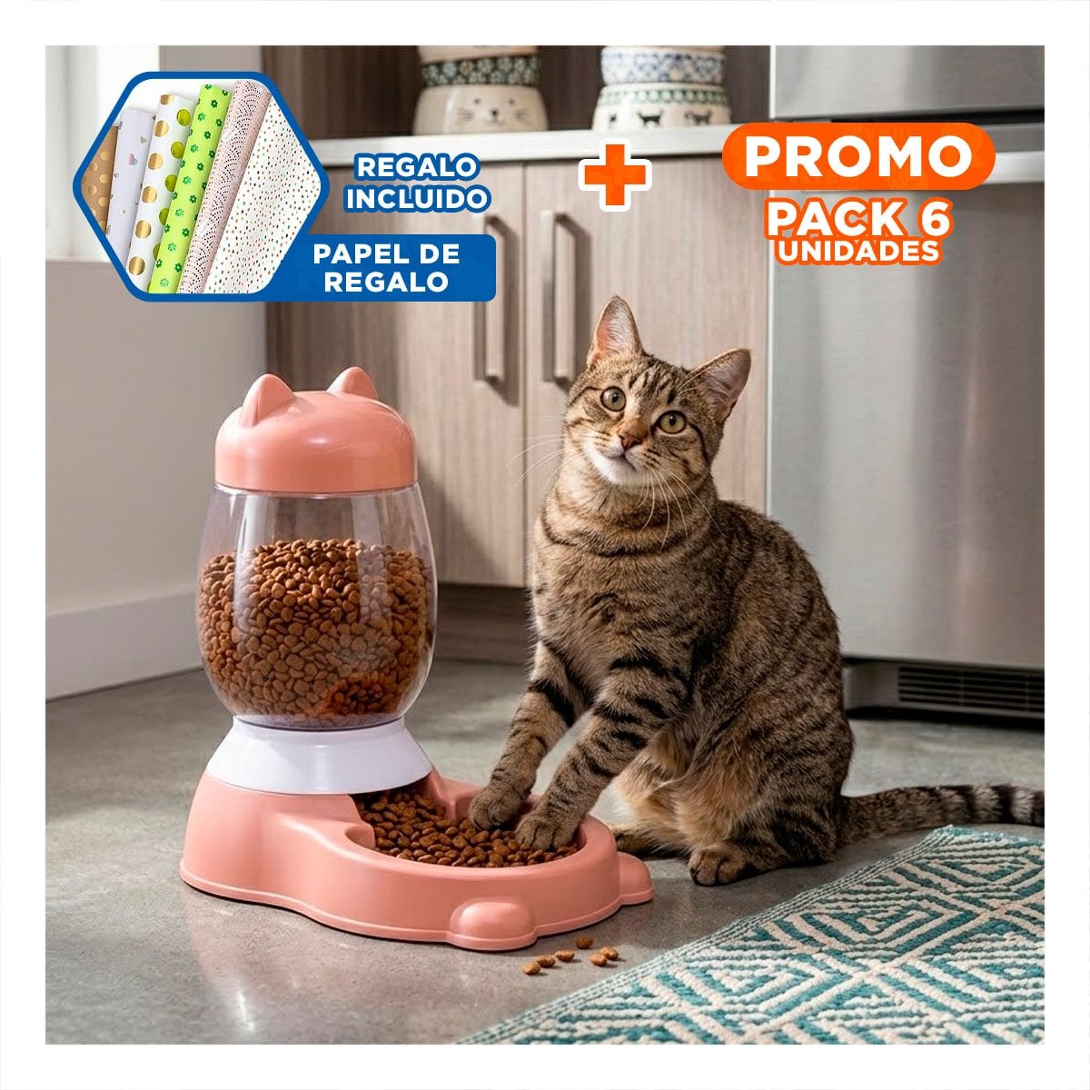 PACK6 FUENTE ROSADO CON BIDON AUTOMATICO EN GATO PARA MASCOTAS COMODAS Y+PAPEL REGALO - 1