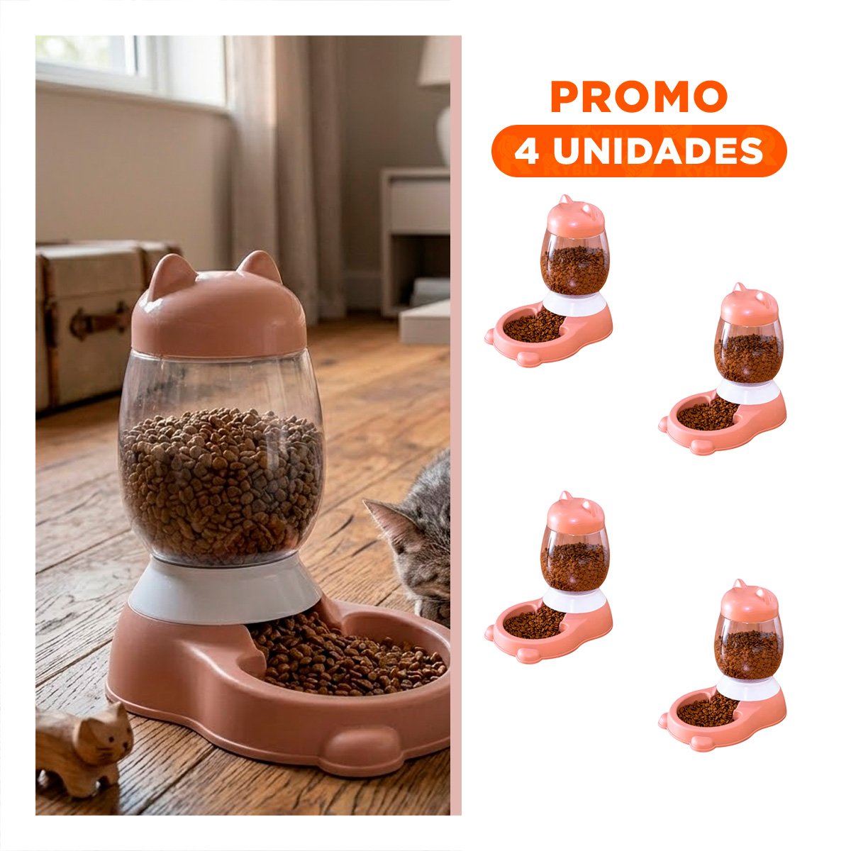 PACK4 RECIPIENTE PEQUENO AUTOMATICO DE GATO CON BIDON ROSADO EN RINCONES Y+REGALO STICKER - 1