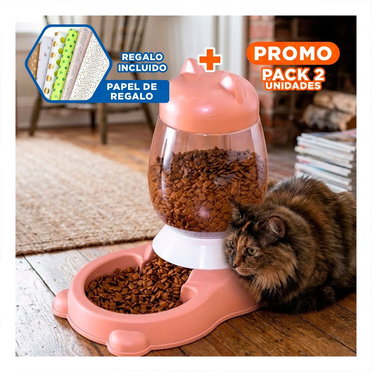 PACK2 COMEDERO LIGERO ROSADO AUTOMATICO CON BIDON EN GATO PARA USO CONSTANTE Y+PAPEL REGALO - 1