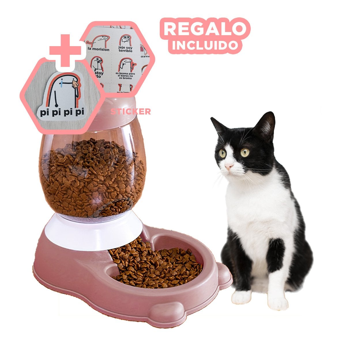 DISPENSADOR COMPACTO AUTOMATICO DE GATO CON BIDON ROSADO PARA AMBIENTES CLAROS Y+REGALO STICKER - 1