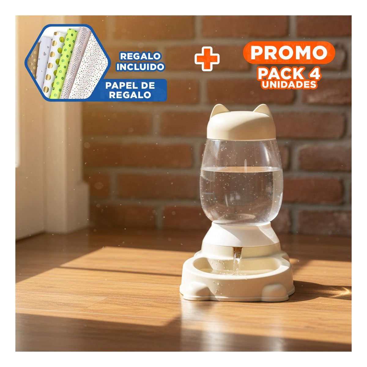 PACK4 COMEDERO CONFORTABLE BEIGE AUTOMATICO CON BIDON DE GATO EPARA INTERIOR Y+PAPEL REGALO - 1