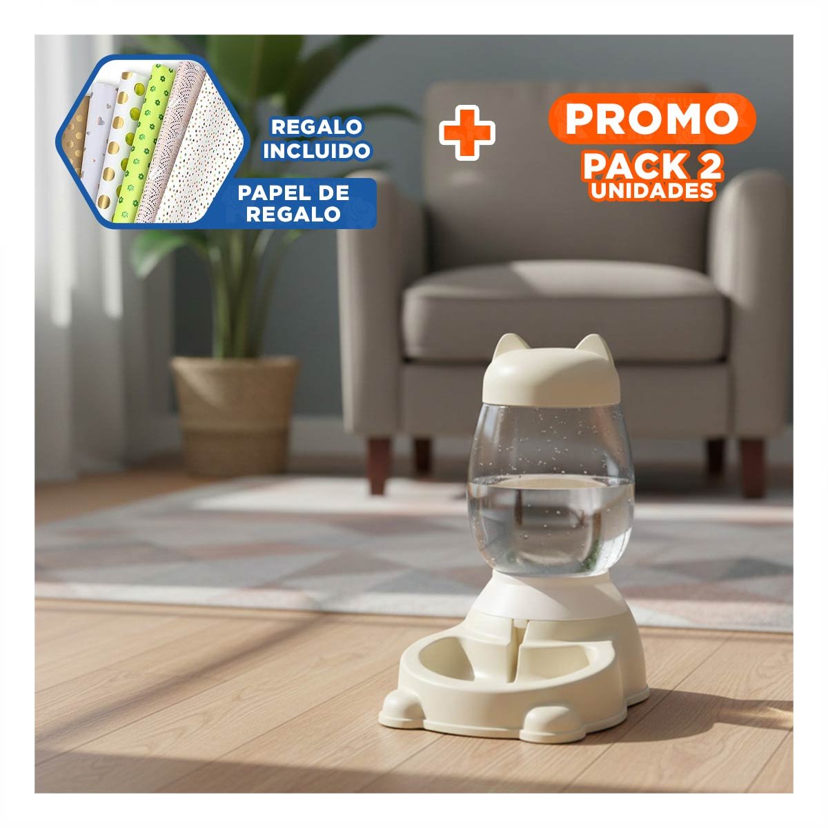 PACK2 COMEDERO LIGERO BEIGE AUTOMATICO CON BIDON EN GATO PARA USO CONSTANTE Y+PAPEL REGALO - 1