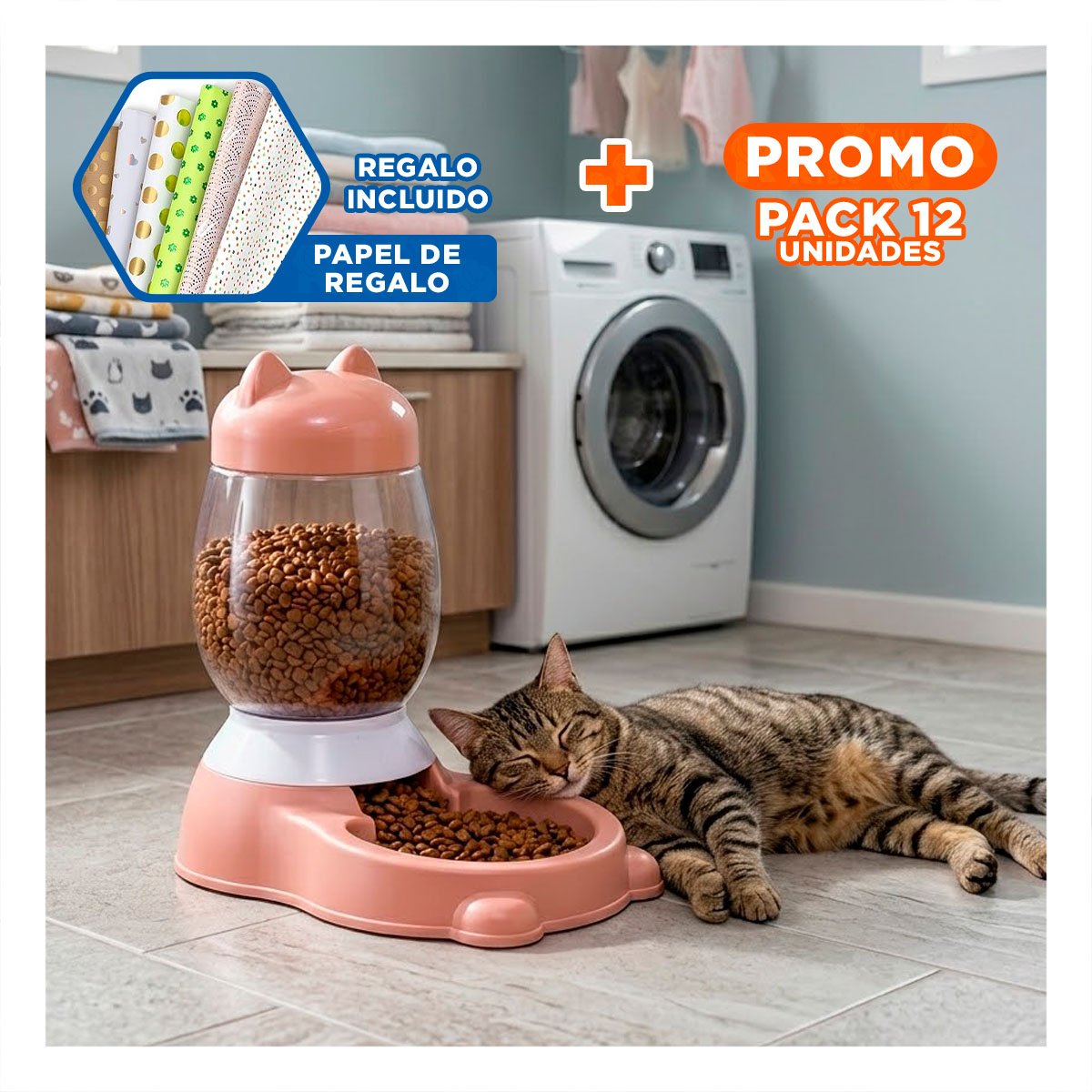 PACK12 FUENTE COMPACTA AUTOMATICO DE GATO CON BIDON ROSADO EN ZONA SEGURA Y+PAPEL REGALO - 1