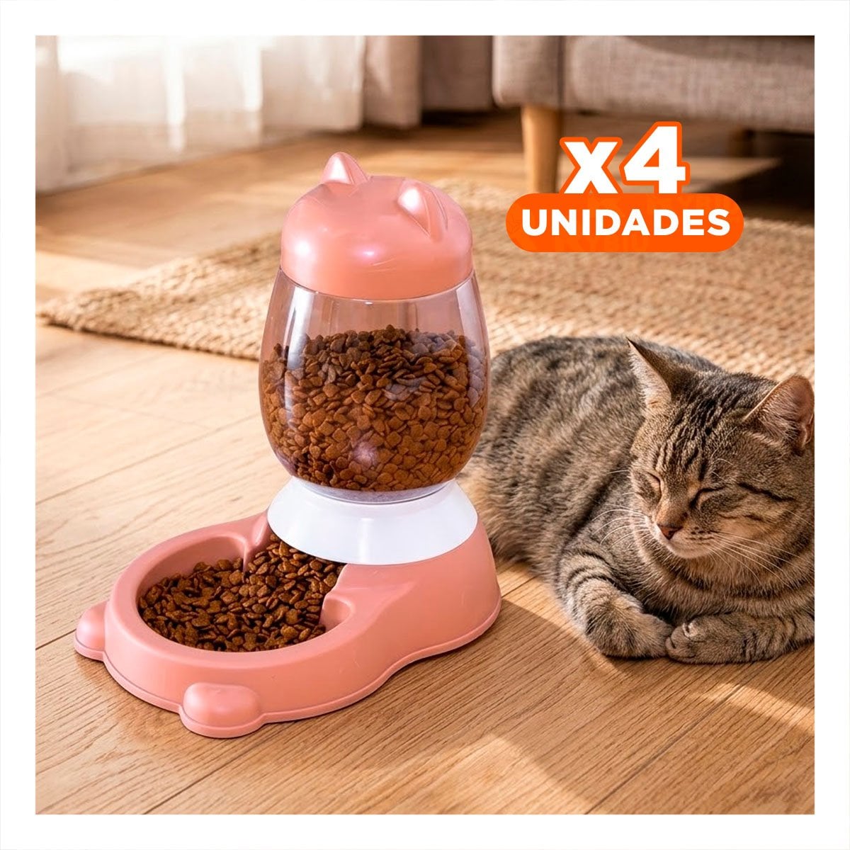 PACK4 COMEDERO COMPACTO AUTOMATICO ROSADO CON BIDON EN GATO PARA ESPACIOS HABITUALES - 1