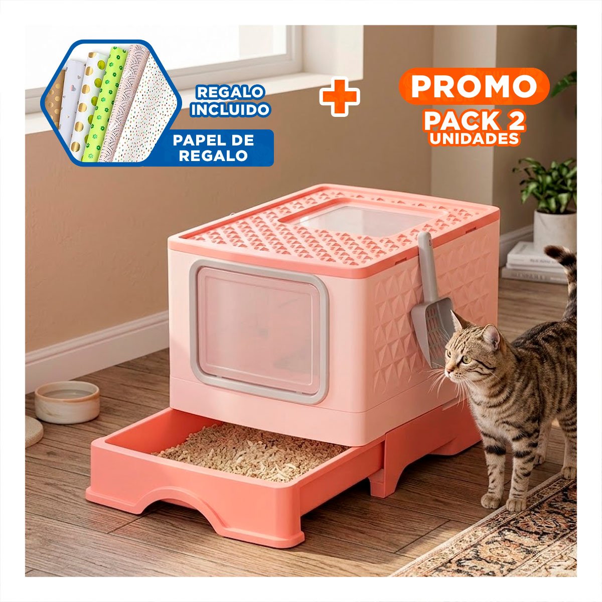 PACK2 ARENERO EN ROSADO CON PALA Y BANDEJA INTEGRADA PARA COMODIDAD DE GATOS Y+PAPEL REGALO - 1