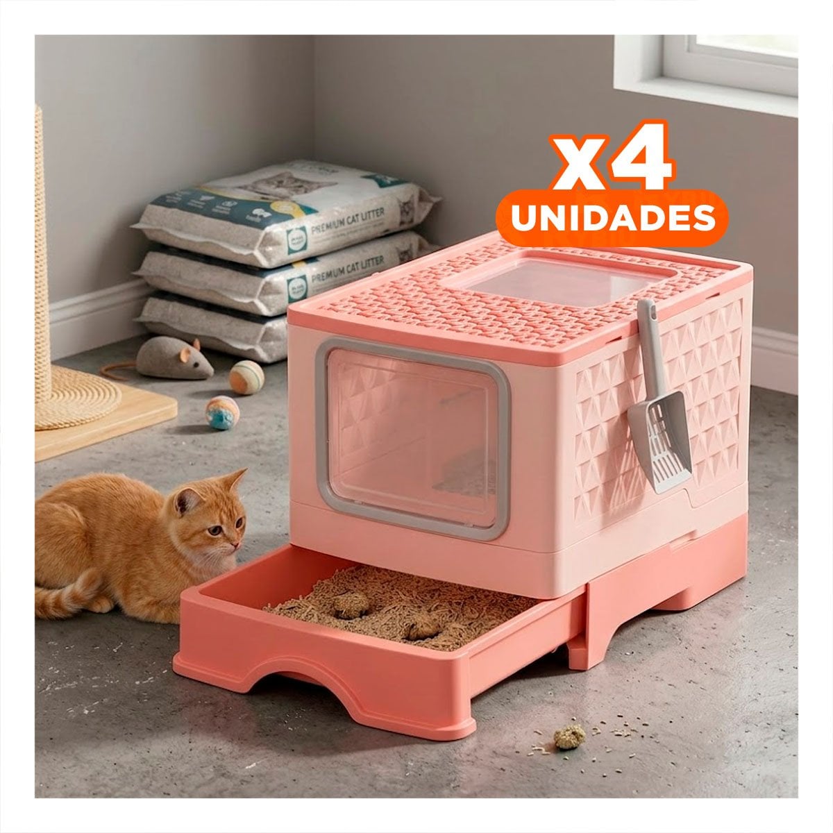 PACK4 CONTENEDOR CON COMPARTIMENTO Y BANDEJA SUPERIOR PARA HIGIENE FELINA EN ROSADO - 1