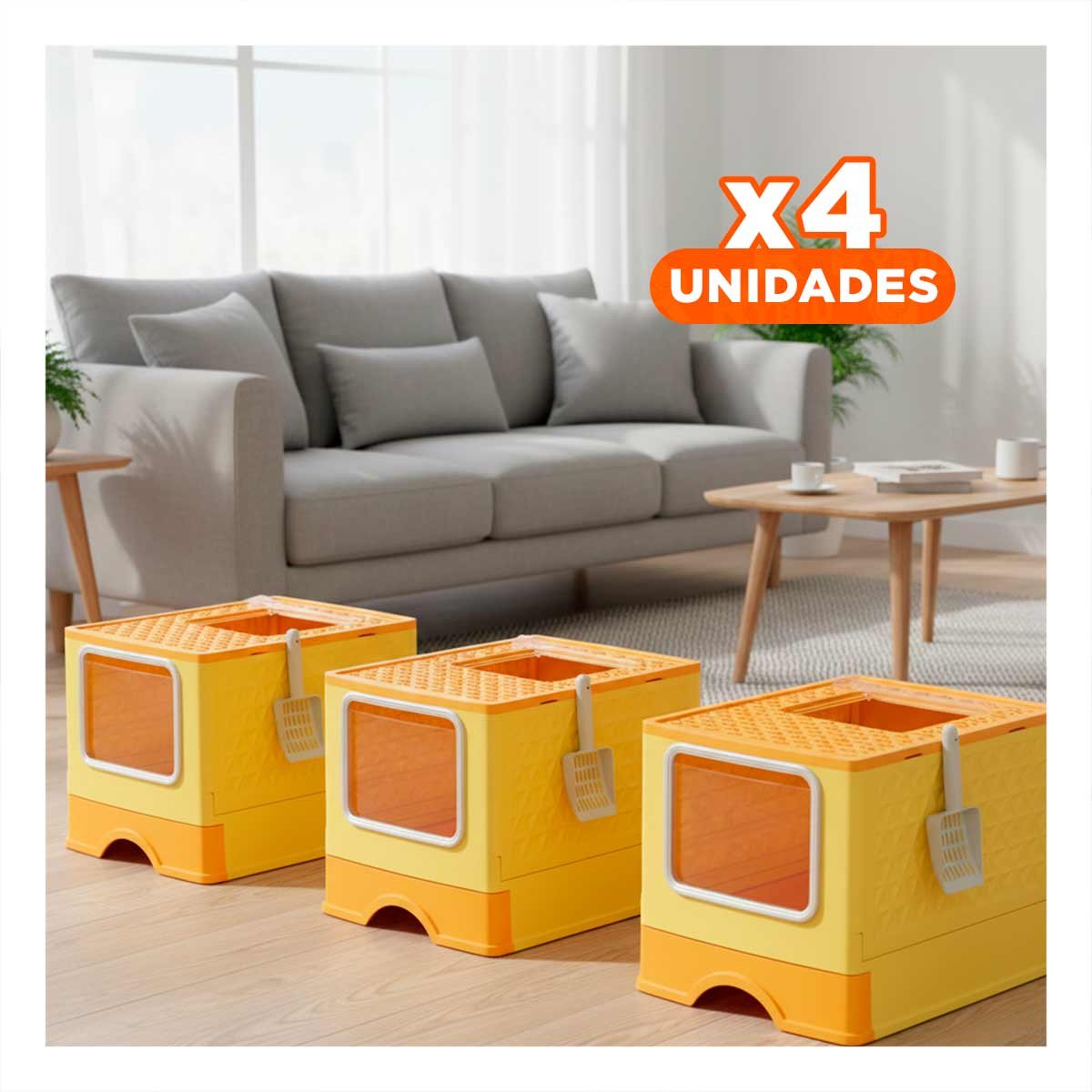 PACK4 CONTENEDOR CON COMPARTIMENTO Y BANDEJA SUPERIOR PARA HIGIENE FELINA EN AMARILLO - 1