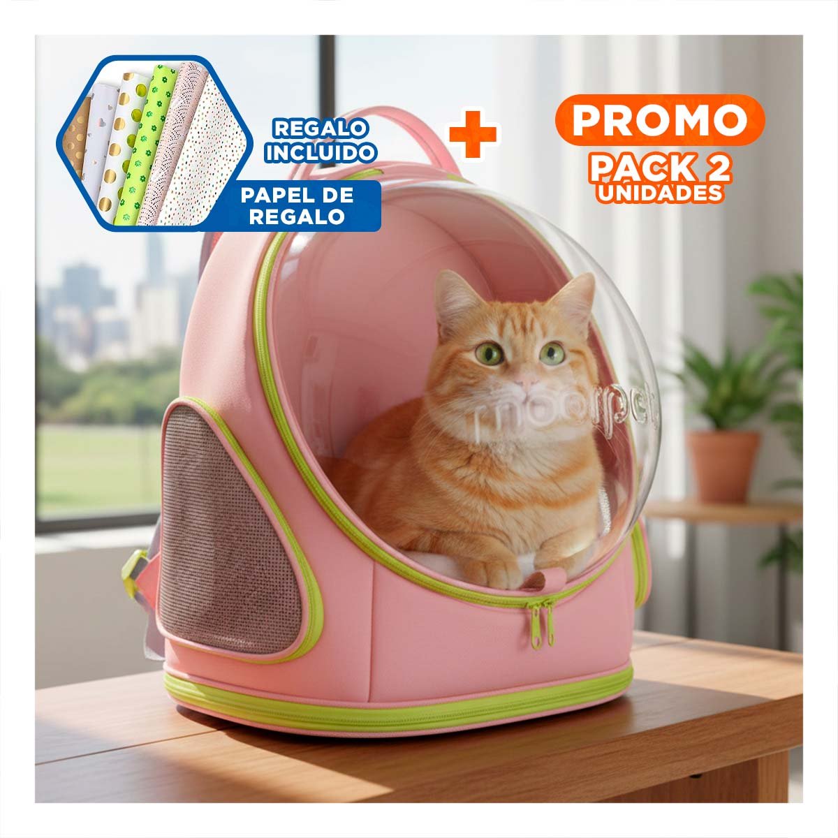 PACK2 MOCHILA DE NAVE ESPACIAL ROSADO CON APERTURA PANORAMICA Y COMODIDAD Y+PAPEL REGALO - 1