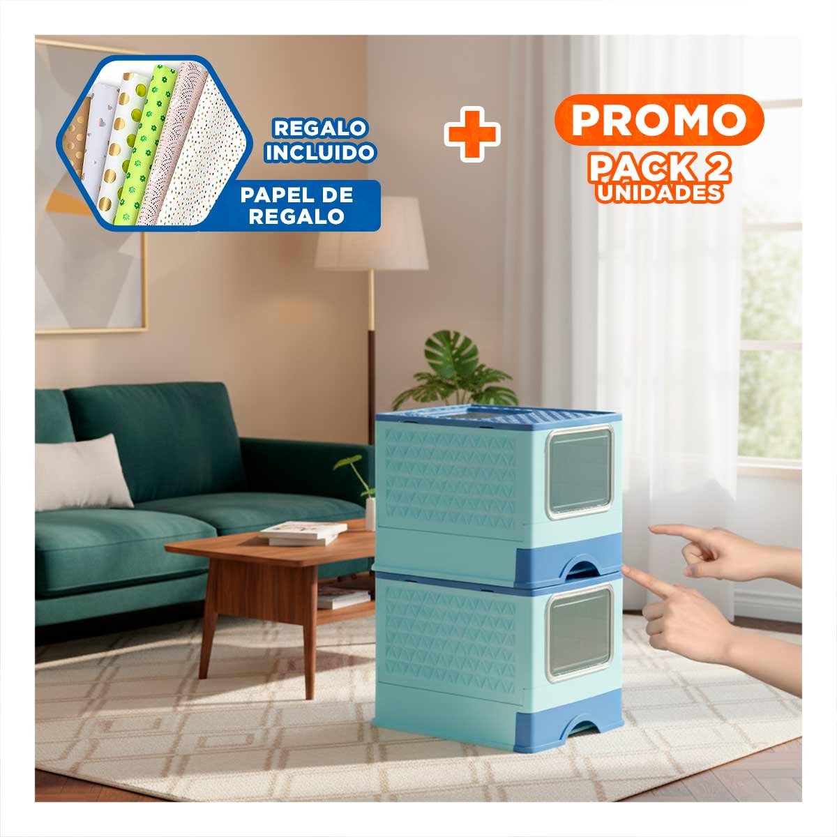 PACK2 ARENERO EN CELESTE CON PALA Y BANDEJA INTEGRADA PARA COMODIDAD DE GATOS Y+PAPEL REGALO - 1