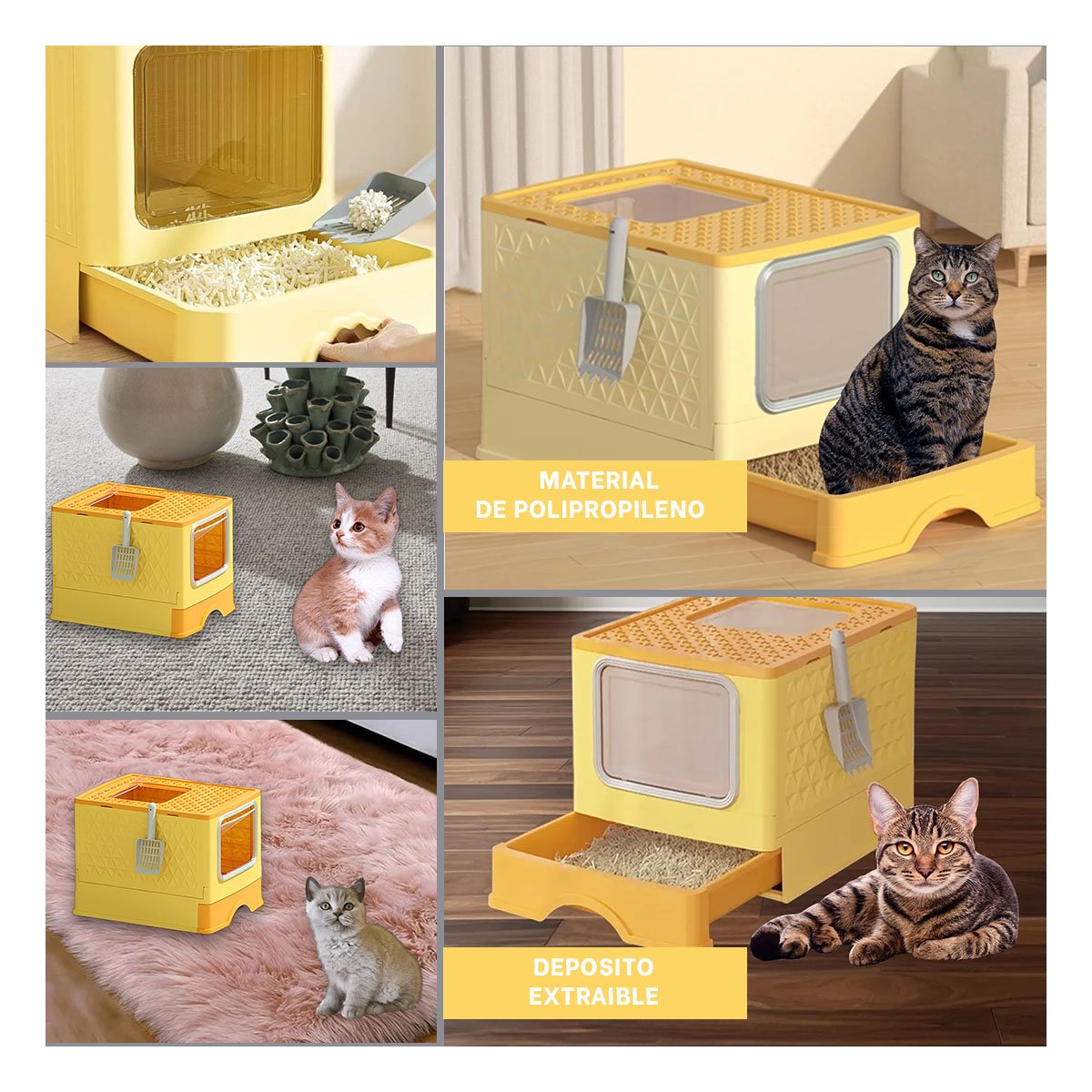 PACK2 ARENERO EN AMARILLO CON PALA Y BANDEJA INTEGRADA PARA COMODIDAD DE GATOS Y+PAPEL REGALO - 3