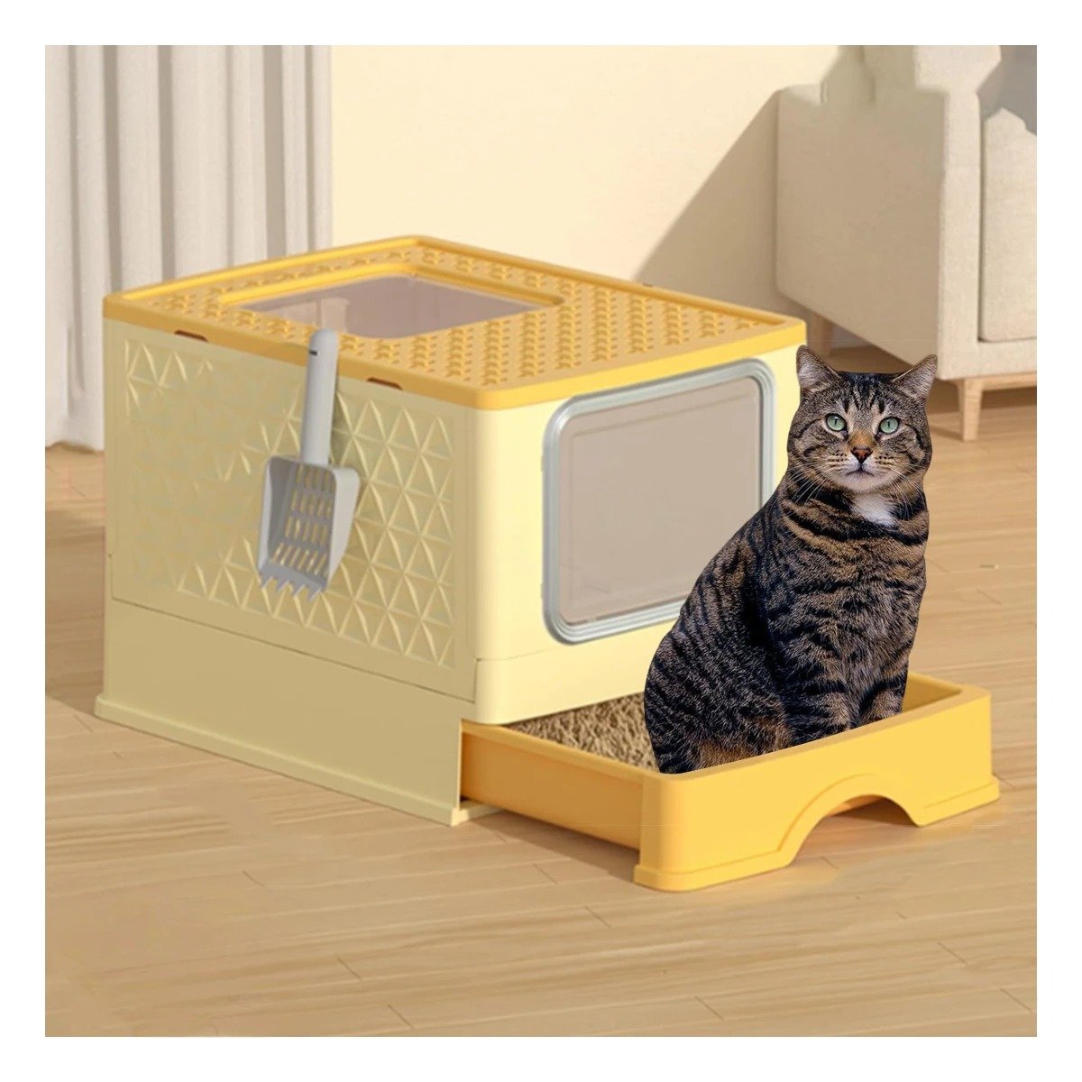 PACK2 ARENERO EN AMARILLO CON PALA Y BANDEJA INTEGRADA PARA COMODIDAD DE GATOS Y+PAPEL REGALO - 5