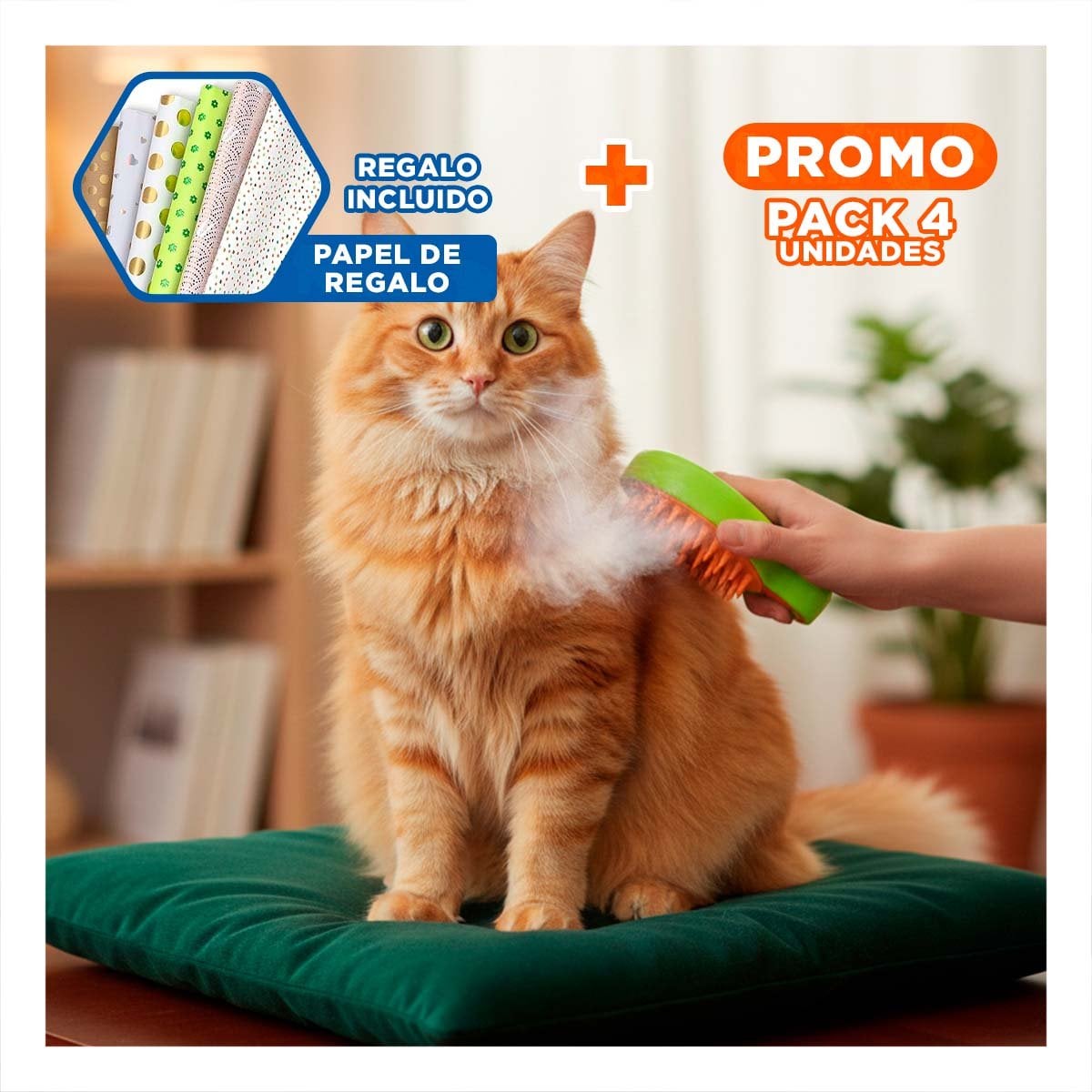 PACK4 CEPILLO EN NARANJA Y VERDE CON LIMPIEZA DE MASCOTAS Y FUNCION DE VAPOR Y+PAPEL REGALO - 1