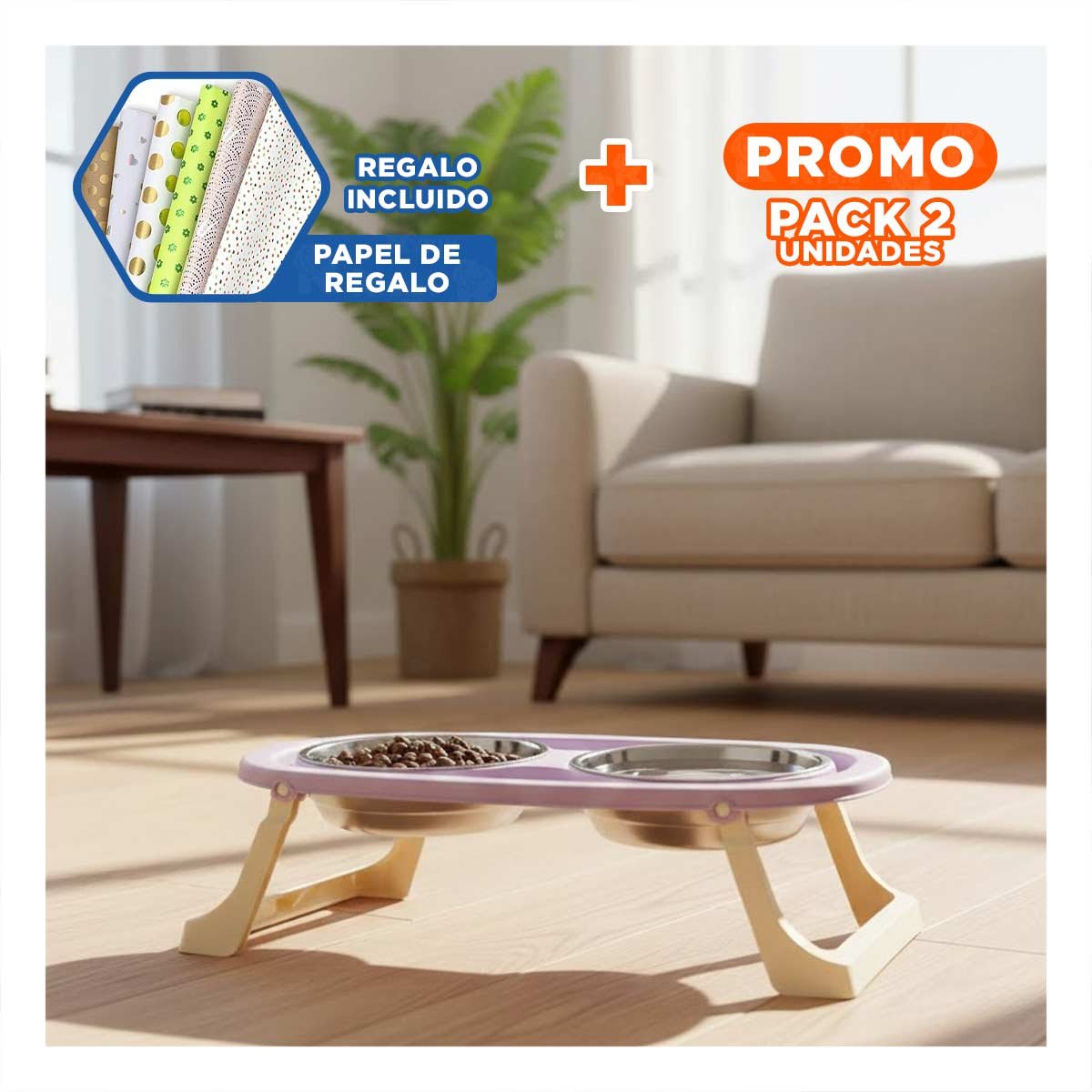 PACK2 COMEDERO DOBLE PLEGABLE EN COLOR LILA ELEVADO Y DESMONTABLE COMODO Y+PAPEL REGALO - 1