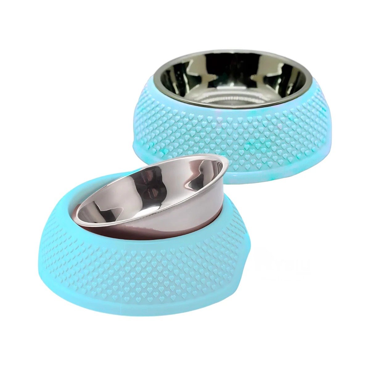 COMEDERO DESMONTABLE DE ACERO CELESTE PASTEL CON CORAZONES EN RELIEVE FACIL Y+LIGAS REGALO - 3