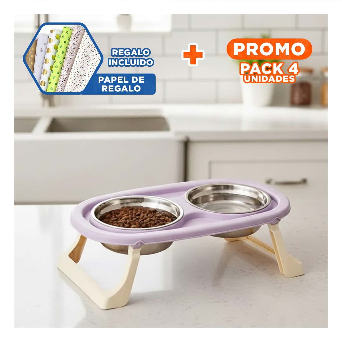 PACK4 PLATO EN COLOR LILA DESMONTABLE DOBLE Y ELEVADO PARA MASCOTAS Y+PAPEL REGALO - 1