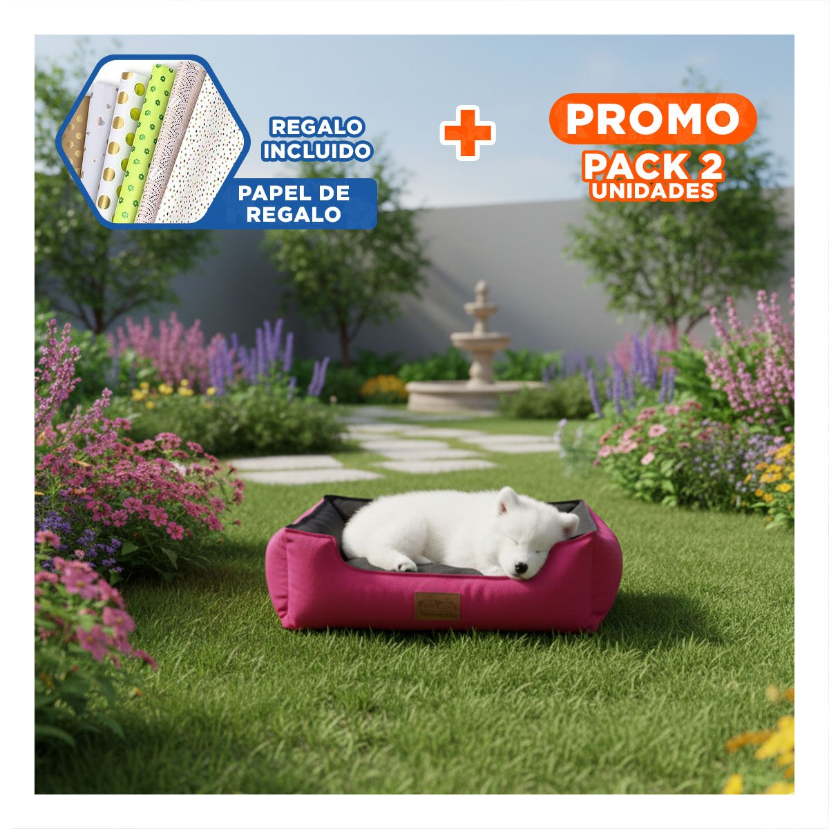 PACK2 LECHO FUCSIA PARA PERRO TALLA S CON CENTRO NEGRO Y+PAPEL REGALO - 1