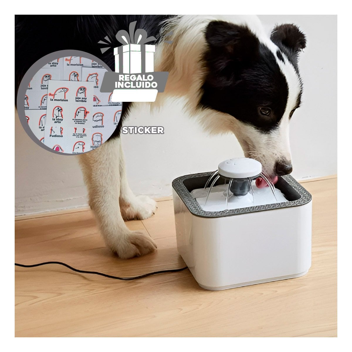 BEBEDERO DE COLOR PLOMO Y BLANCO CON AGUA Y FORMA DE HUELLITA COMODA Y+REGALO STICKER - 1