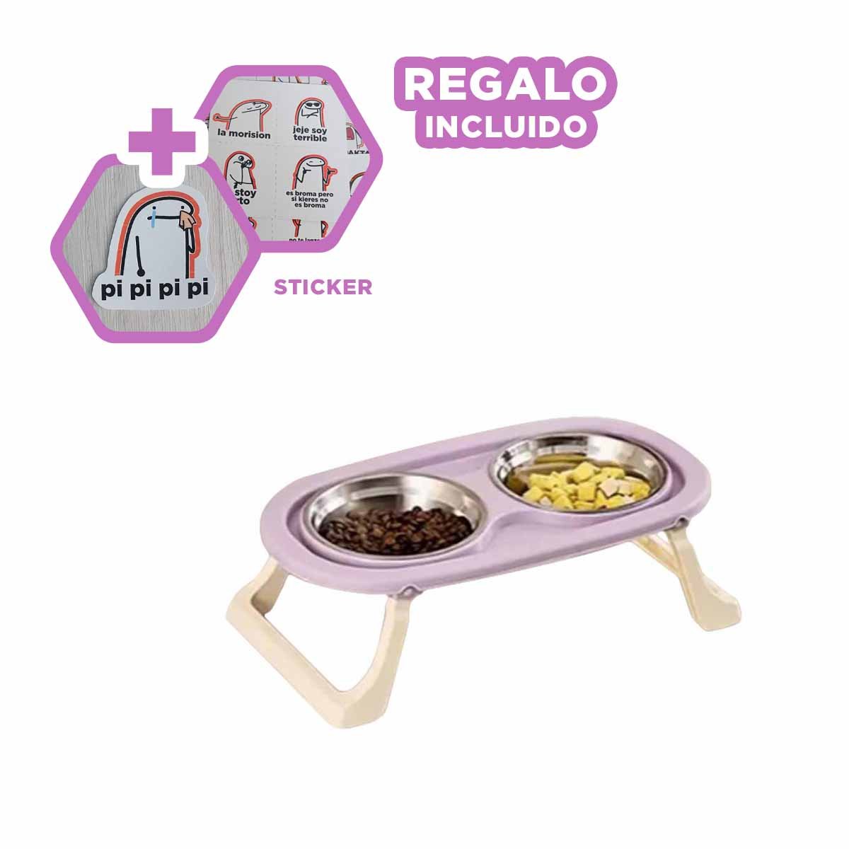 COMEDERO DOBLE EN COLOR LILA DESMONTABLE ELEVADO Y PLEGABLE Y+REGALO STICKER - 1