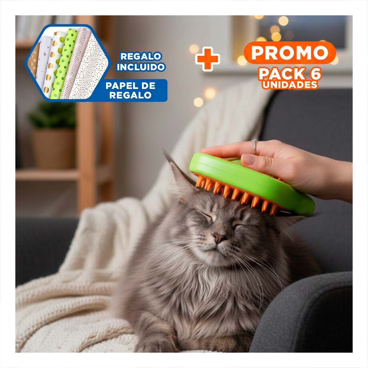 PACK6 PEINE EN COLOR VERDE Y NARANJA CON VAPOR INTEGRADO PARA ASEO DE MASCOTAS Y+PAPEL REGALO - 1