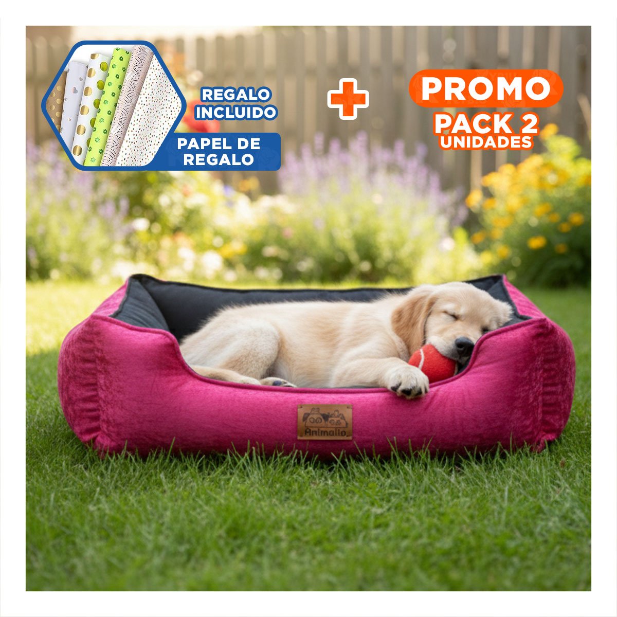 PACK2 LECHO FUCSIA PARA PERRO TALLA S CON CENTRO NEGRO Y+PAPEL REGALO - 1