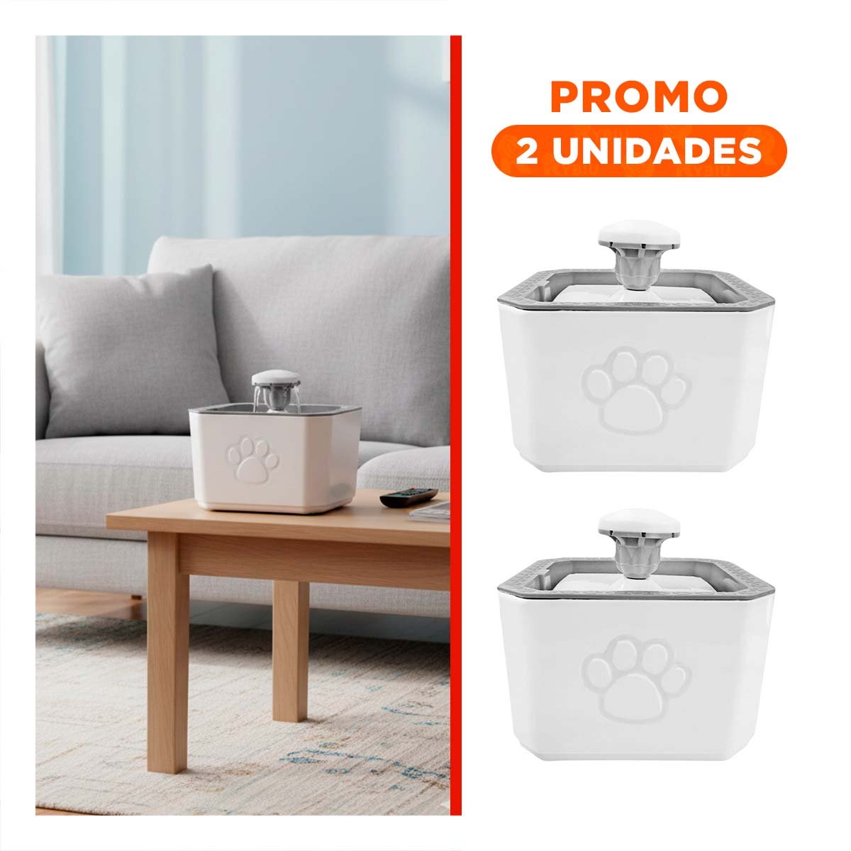 PACK2 FUENTE CON AGUA FORMA DE HUELLITA Y CUADRADO DE COLOR PLOMO Y BLANCO PARA MASCOTAS - 1