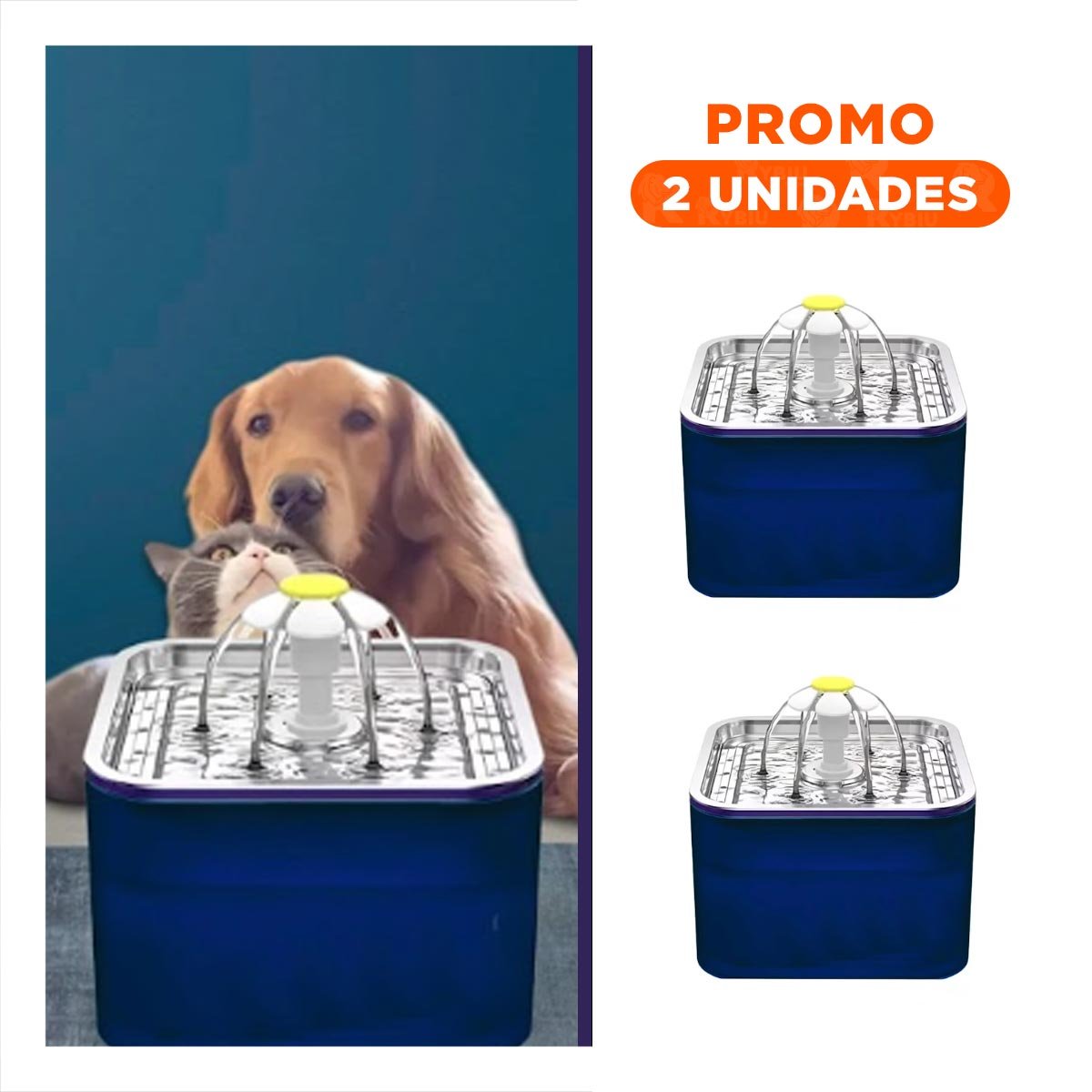 PACK2 FUENTE CON AGUA DE MATERIAL DE ACERO INOXIDABLE Y CUADRADO DE COLOR AZUL PARA MASCOTAS - 1