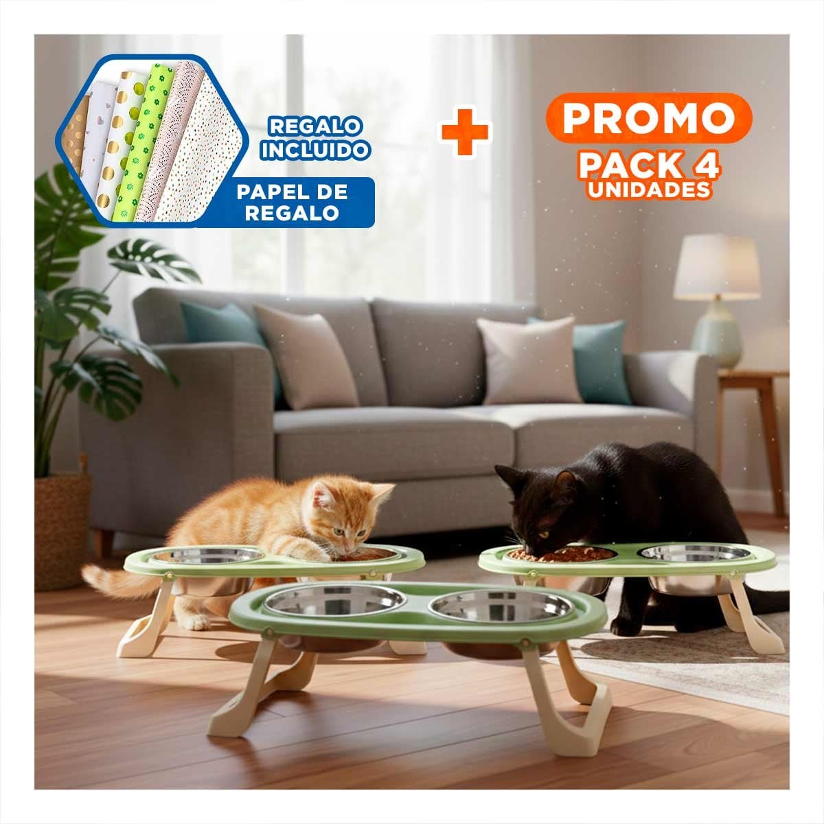 PACK4 PLATO EN COLOR VERDE DESMONTABLE DOBLE Y ELEVADO PARA MASCOTAS Y+PAPEL REGALO - 1